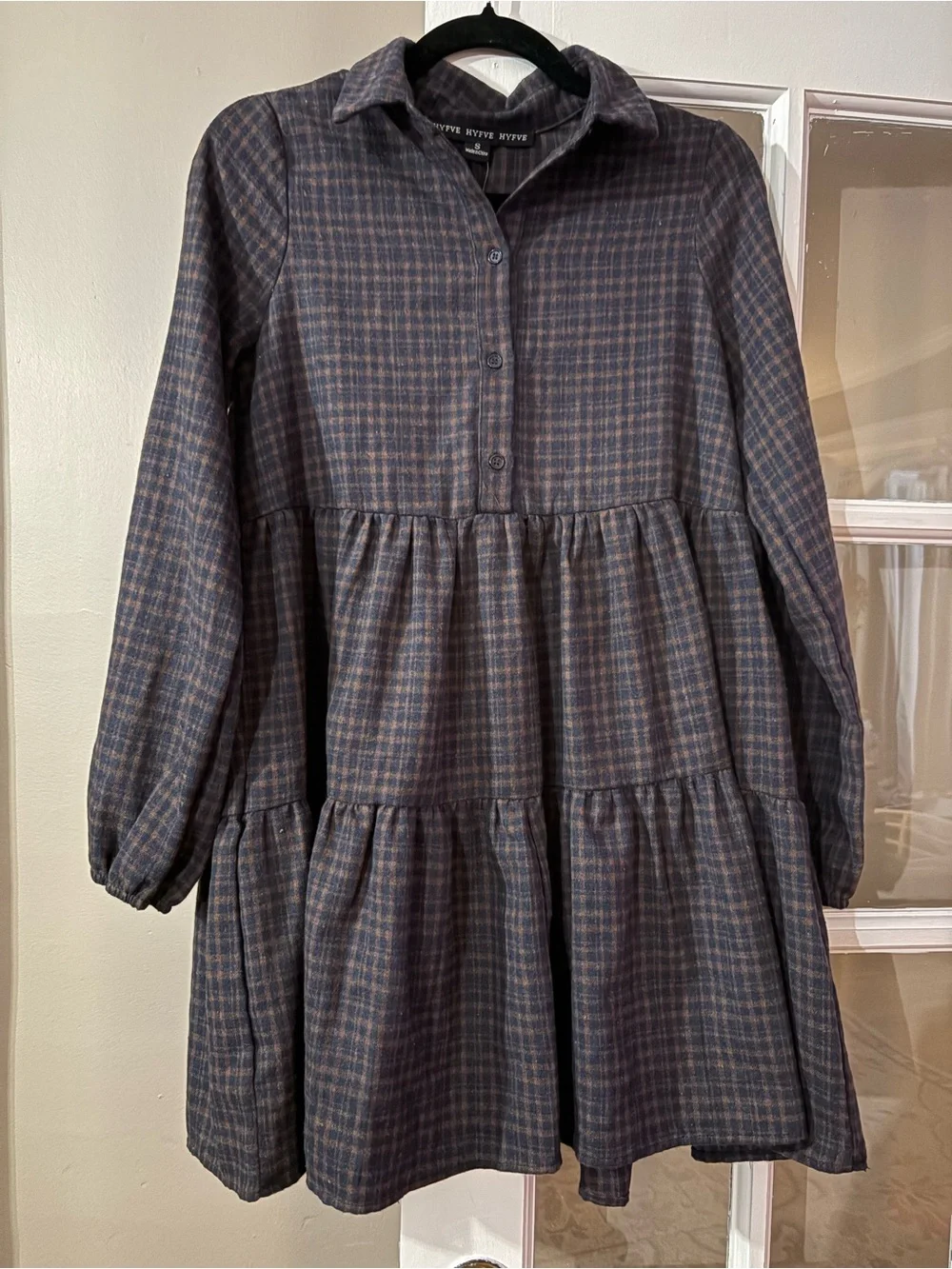 NWT-HYFVE Plaid Tiered Button-Front Dress - Navy & Brown